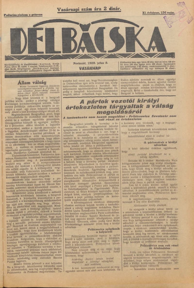 Délbácska, 9. évf. 1928. július 8. 156. sz.