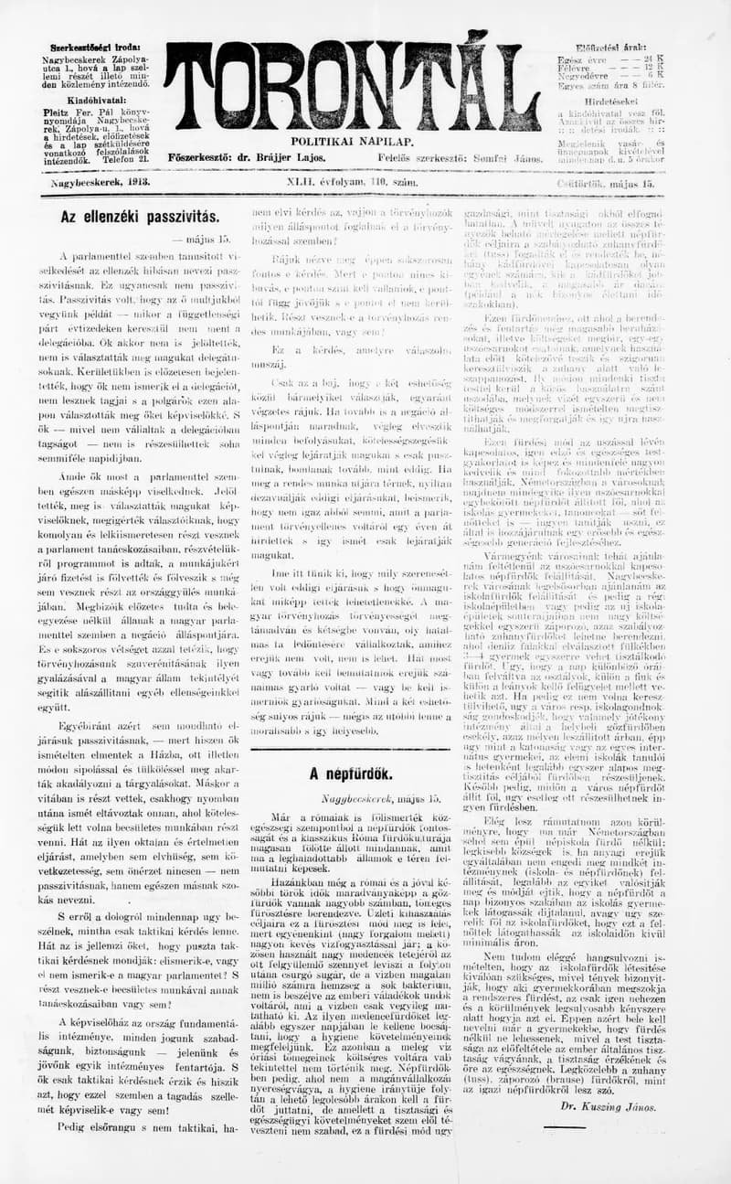 Torontál, 42. évf. 1913. május 15. 110. sz.