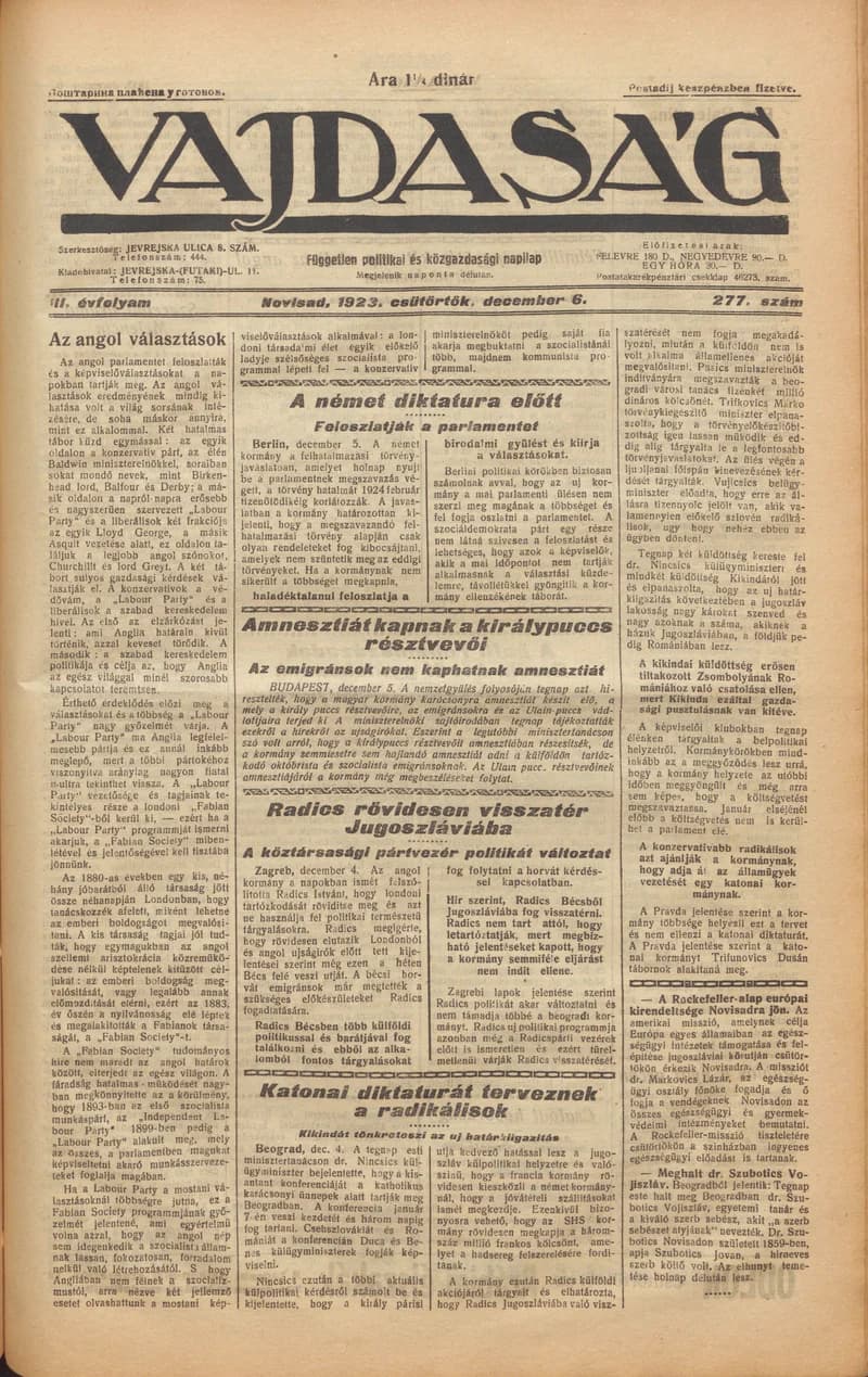 Vajdaság, 3. évf. 1923. december 6. 277. sz.