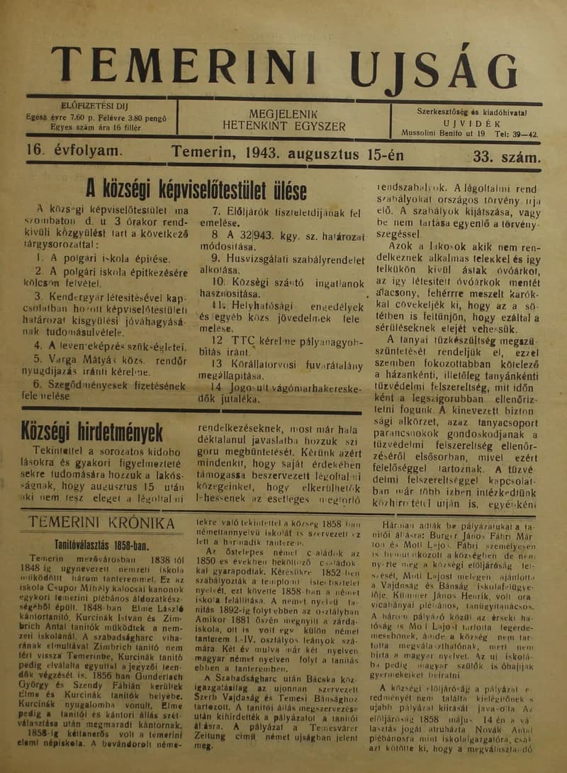 Temerini Újság 1928-1944, 16. évf. 1943. augusztus 15. 33. sz.
