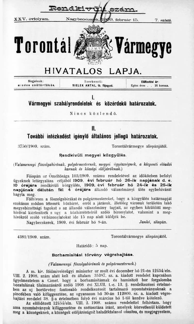 Torontál Vármegye Hivatalos Lapja, 25. évf. 1909. február 15. 7. sz.