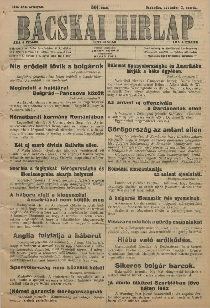 Bácskai Hirlap, 19. évf. 1915. november 3. 501. sz.