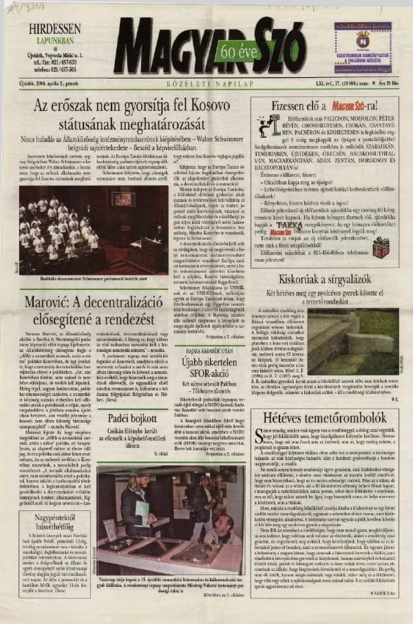 Magyar Szó, 61. évf. 2004. április 2. 77. sz. 1–20. oldal