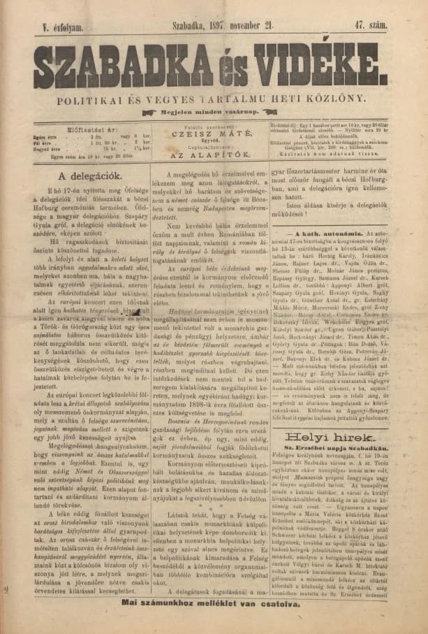 Szabadka és vidéke II, 5. évf. 1897. november 21. 47. sz.