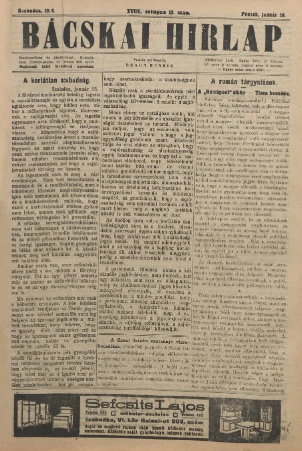 Bácskai Hirlap, 18. évf. 1914. január 16. 12. sz.