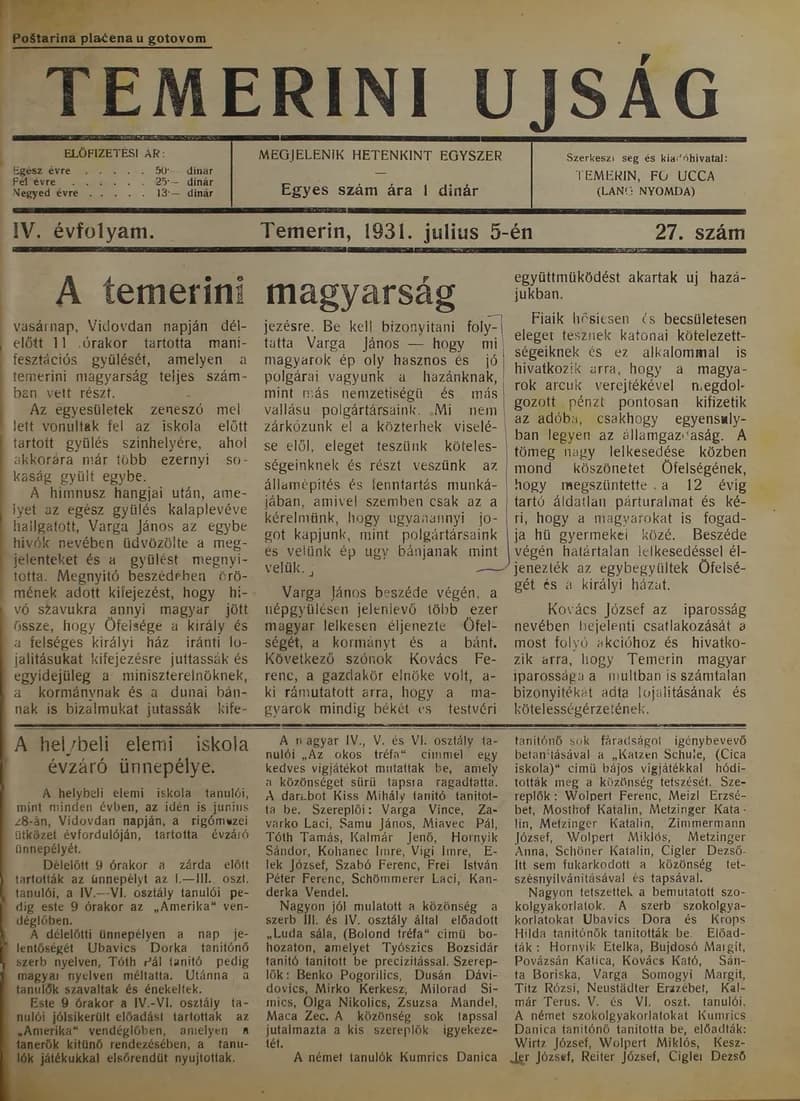 Temerini Újság 1928-1944, 4. évf. 1931. július 5. 27. sz.