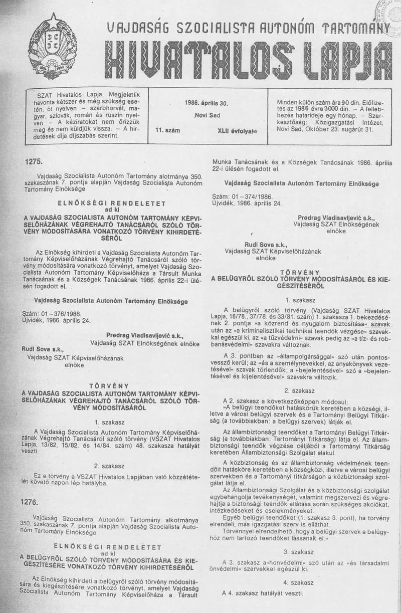 Vajdaság Szocialista Autonóm Tartomány Hivatalos Lapja, 42. évf. 1986. április 30. 11. sz.
