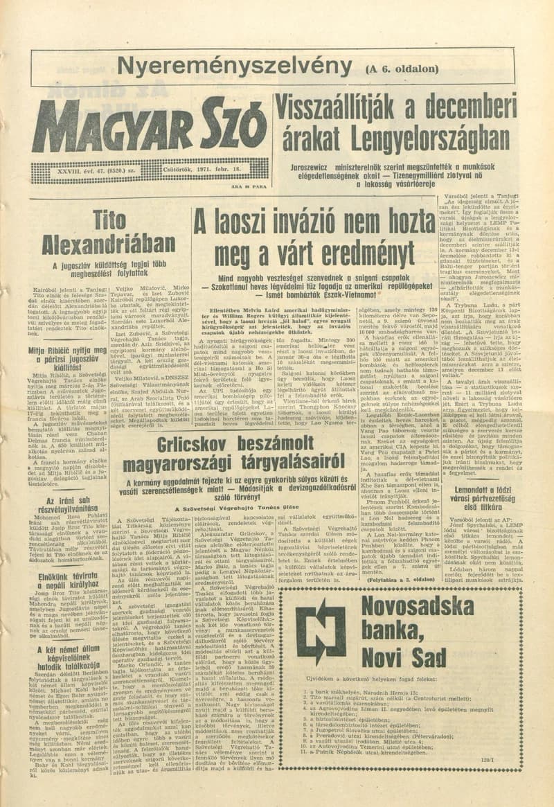 Magyar Szó, 28. évf. 1971. február 18. 47. sz. 1–16. oldal