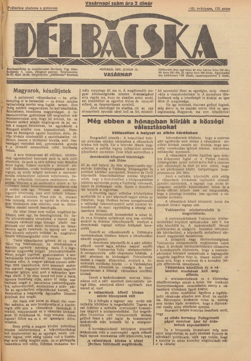 Délbácska, 8. évf. 1927. június 12. 135. sz.