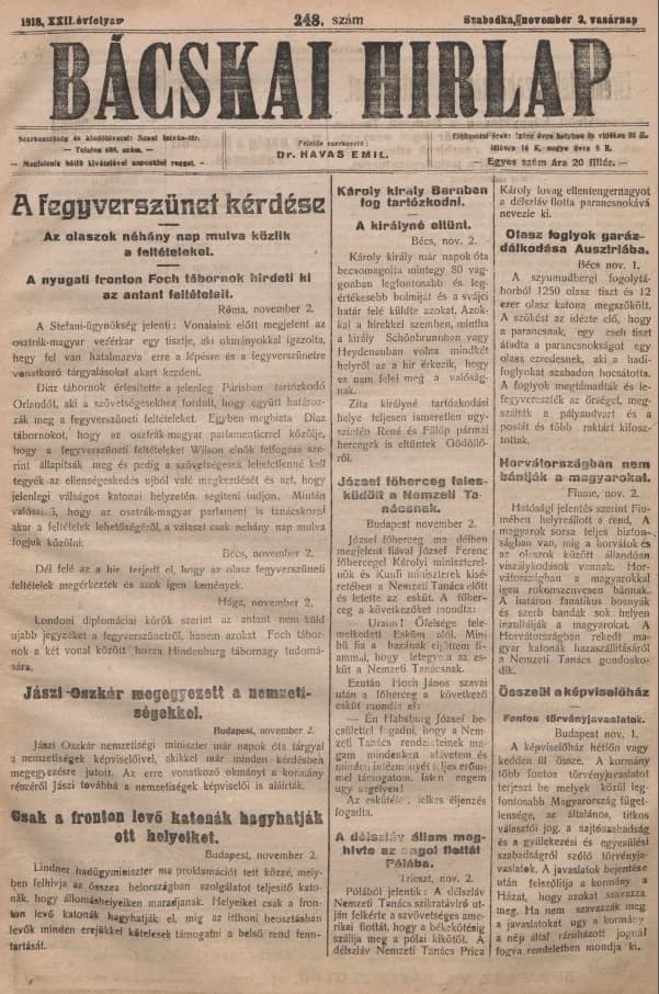 Bácskai Hirlap, 22. évf. 1918. november 3. 248. sz.