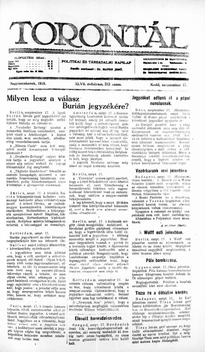 Torontál, 47. évf. 1918. szeptember 17. 212. sz.