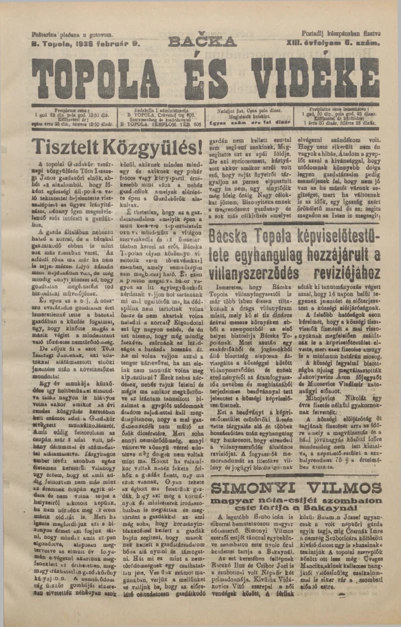 Bačka Topola és Vidéke, 13. évf. 1936. február 9. 6. sz.