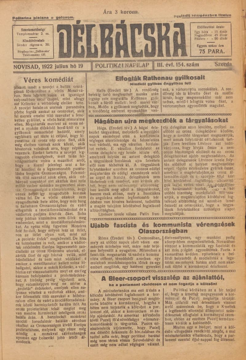 Délbácska, 3. évf. 1922. július 19. 154. sz.