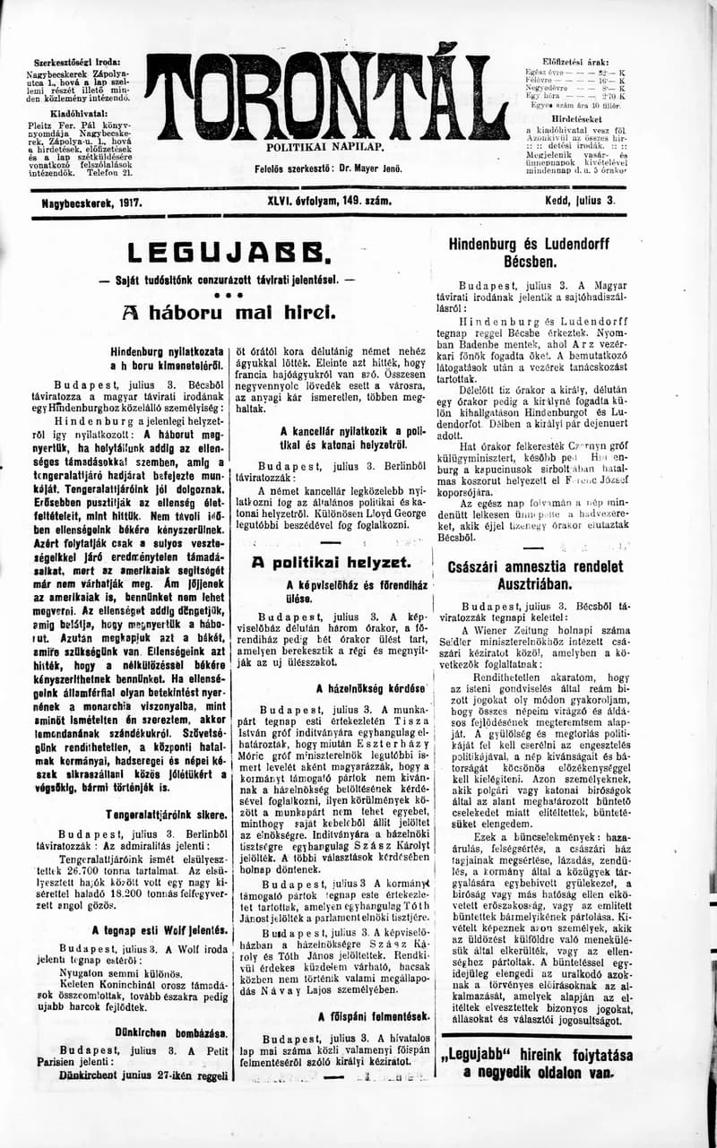 Torontál, 46. évf. 1917. július 3. 149. sz.
