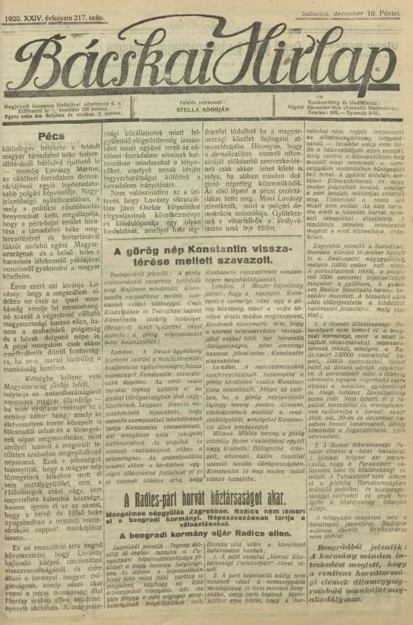 Bácskai Hirlap, 24. évf. 1920. december 10. 217. sz.