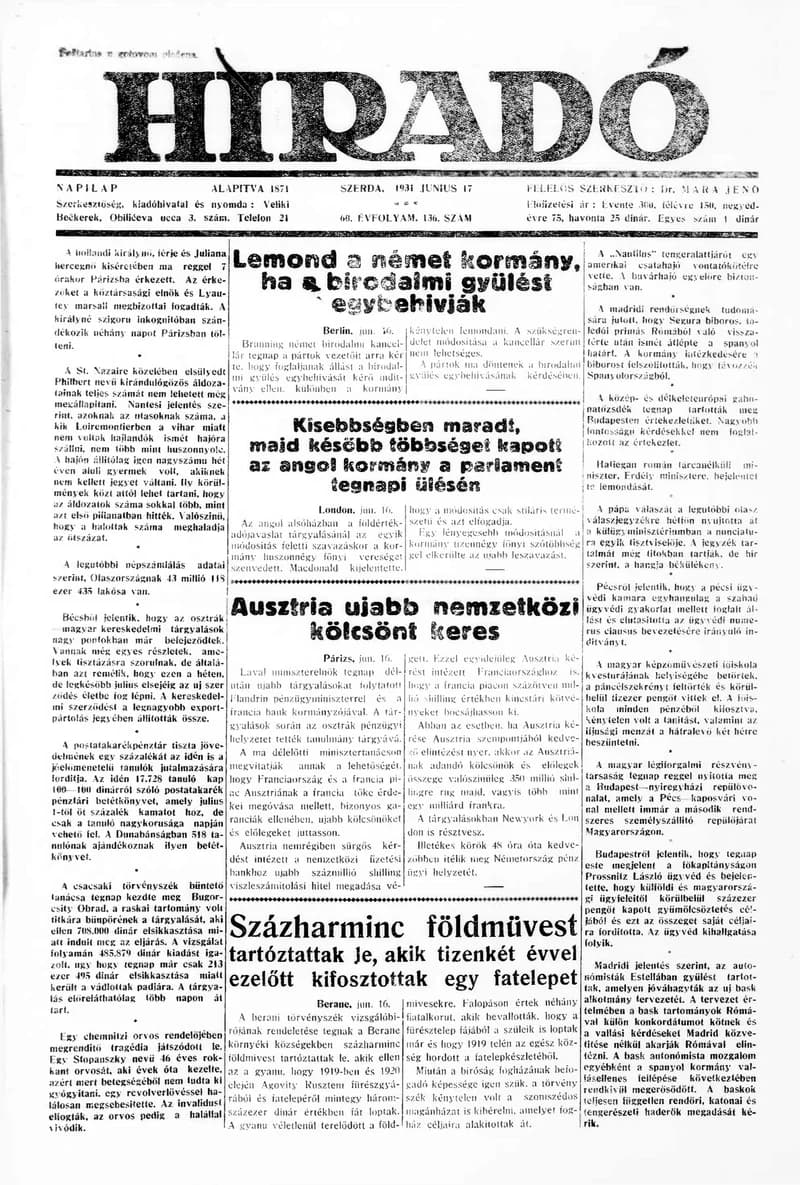 Híradó, 60. évf. 1931. június 17. 136. sz.