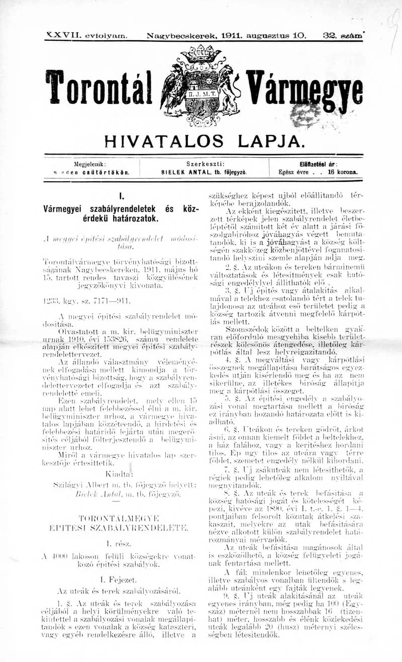 Torontál Vármegye Hivatalos Lapja, 27. évf. 1911. augusztus 10. 32. sz.