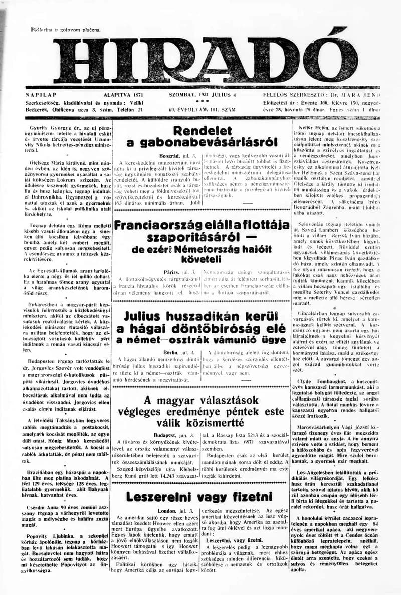 Híradó, 60. évf. 1931. július 4. 151. sz.