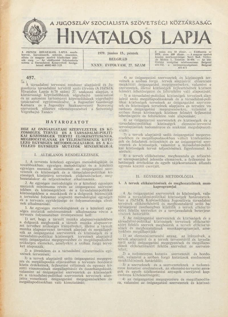 A Jugoszláv Szocialista Szövetségi Köztársaság Hivatalos Lapja, 35. évf. 1979. június 15. 27. sz. 865–912. oldal