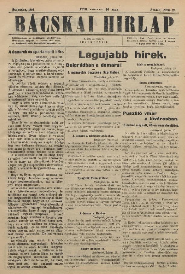 Bácskai Hirlap, 18. évf. 1914. július 24. 166. sz.