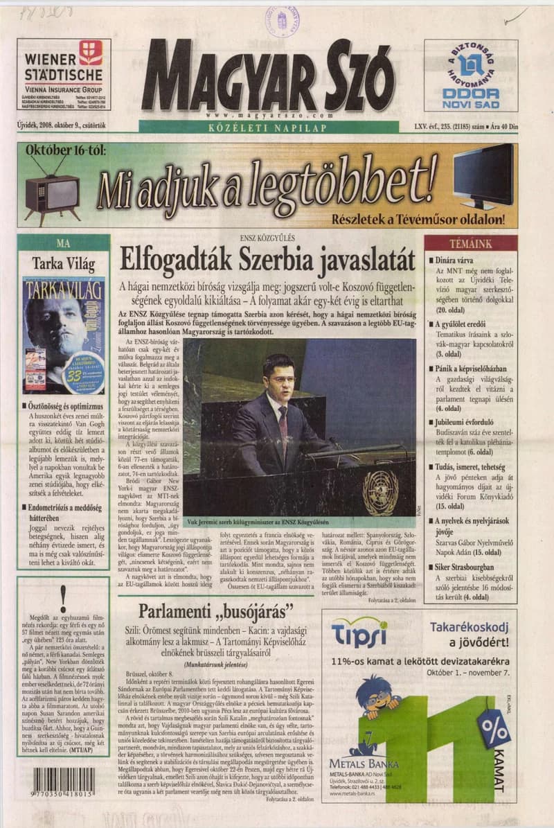 Magyar Szó, 65. évf. 2008. október 9. 235. sz. 1–20. oldal