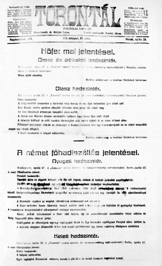 Torontál, 45. évf. 1916. április 28. 97. sz.