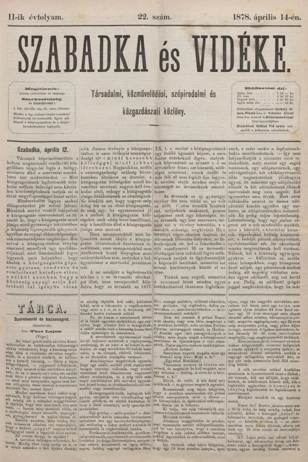 Szabadka és vidéke, 2. évf. 1878. április 14. 22. sz.