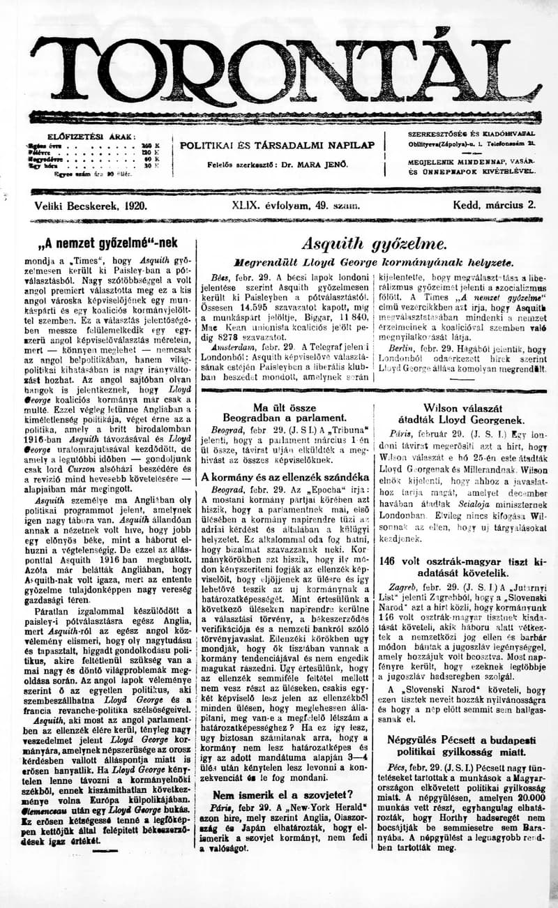 Torontál, 49. évf. 1920. március 2. 49. sz.