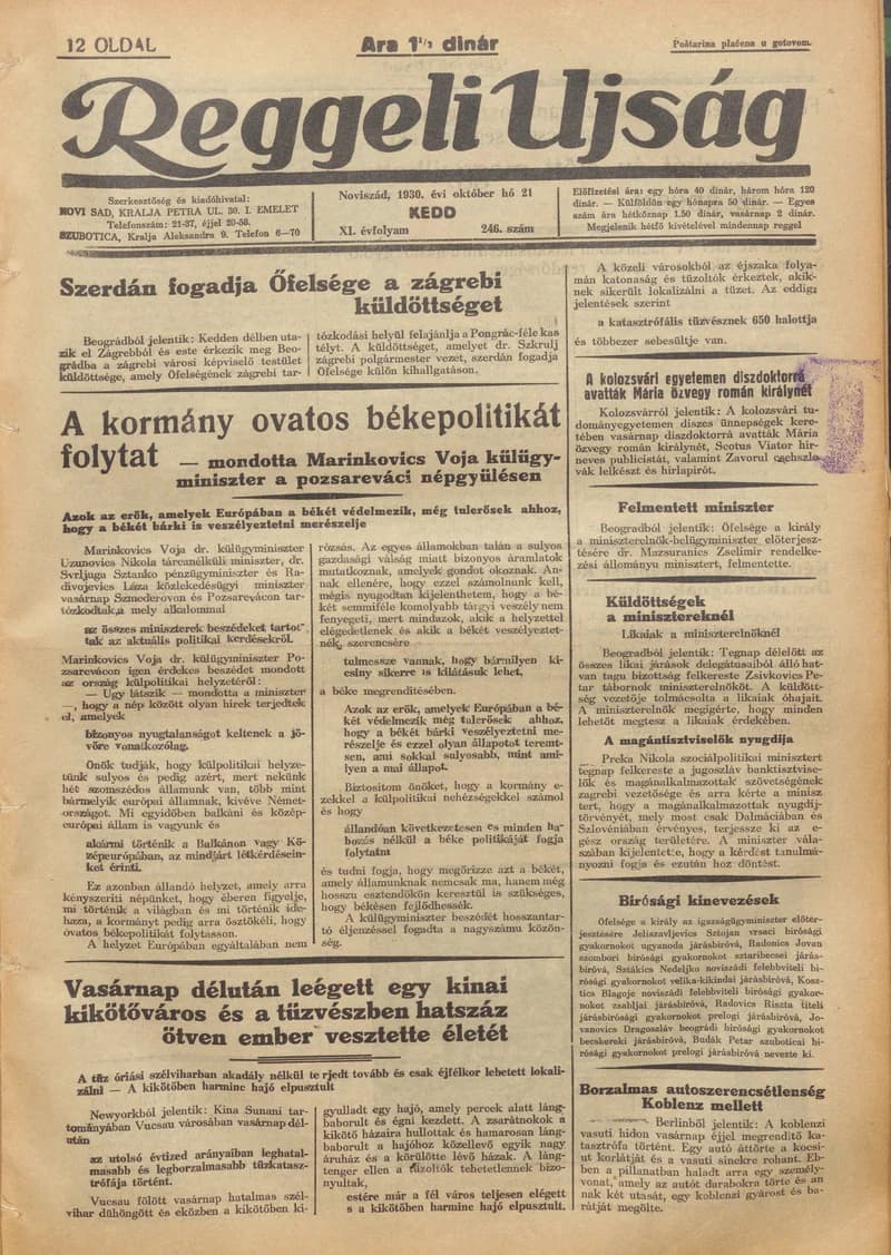 Reggeli Újság, 11. évf. 1930. október 21. 246. sz.