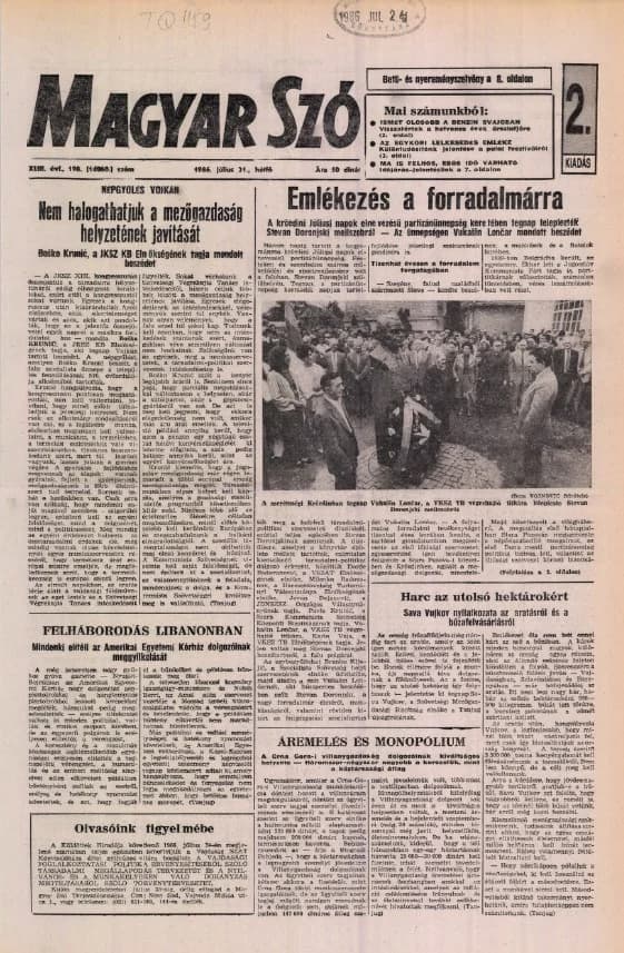 Magyar Szó, 43. évf. 1986. július 21. 198. sz. 1–16. oldal