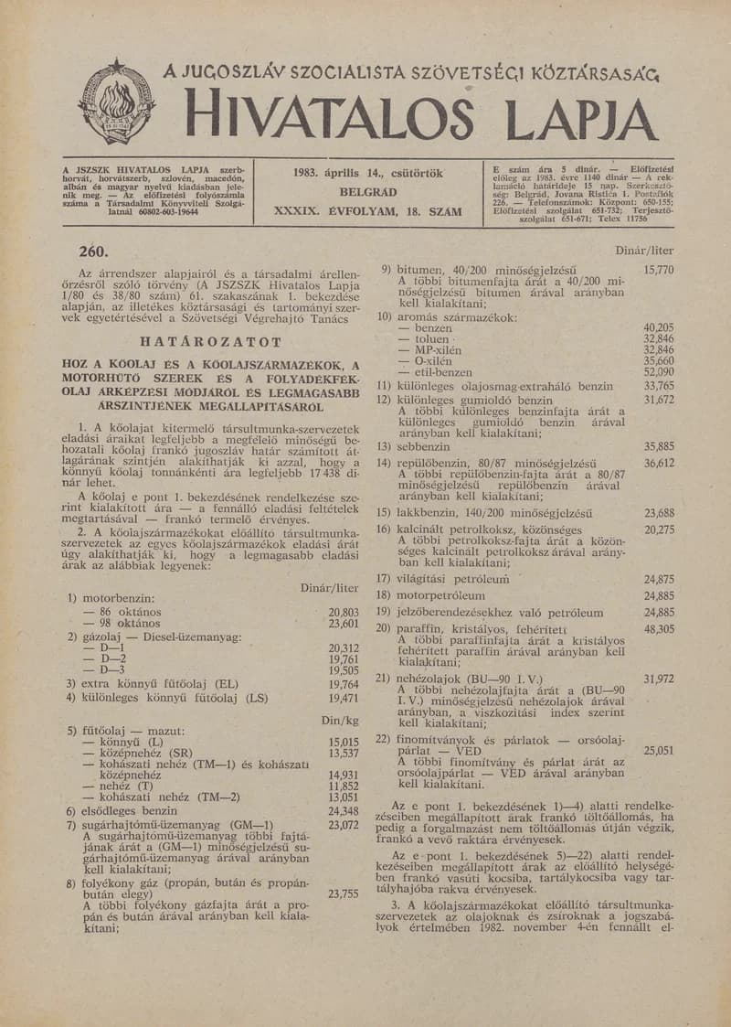 A Jugoszláv Szocialista Szövetségi Köztársaság Hivatalos Lapja, 39. évf. 1983. április 14. 18. sz. 413–420. oldal