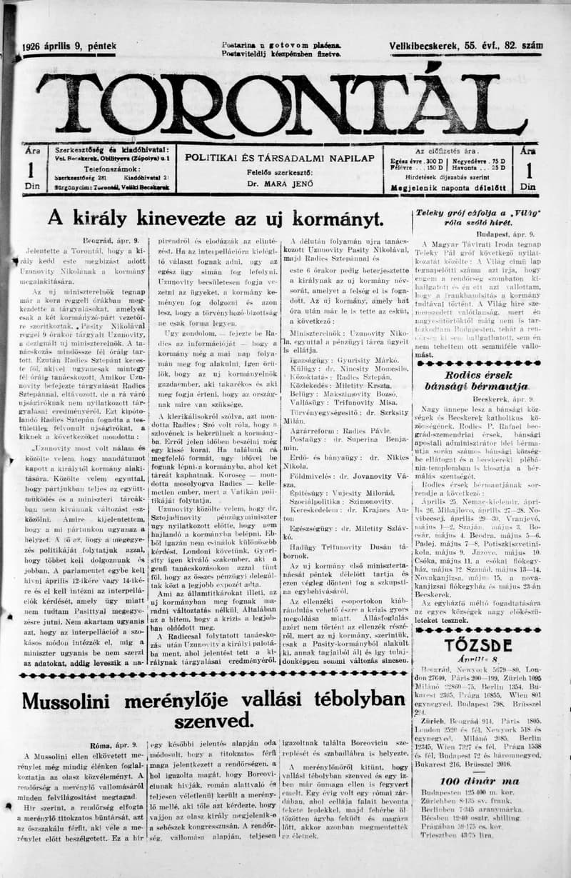 Torontál, 55. évf. 1926. április 9. 82. sz.