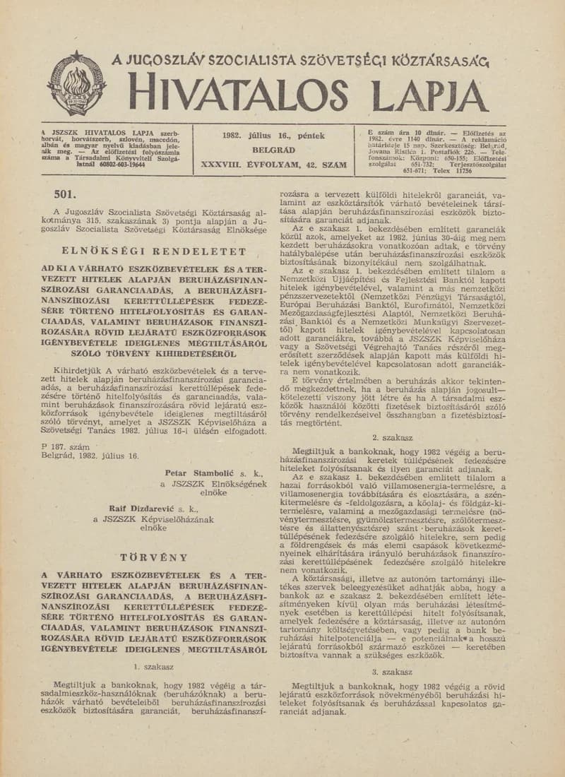 A Jugoszláv Szocialista Szövetségi Köztársaság Hivatalos Lapja, 38. évf. 1982. július 16. 42. sz. 1049–1064. oldal