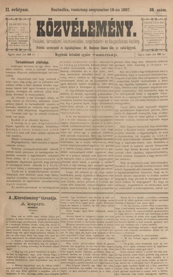 Közvélemény, 2. évf. 1887. szeptember 18. 38. sz.