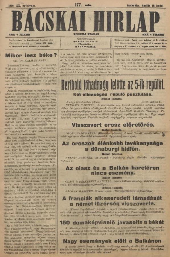 Bácskai Hirlap, 20. évf. 1916. április 18. 177. sz.