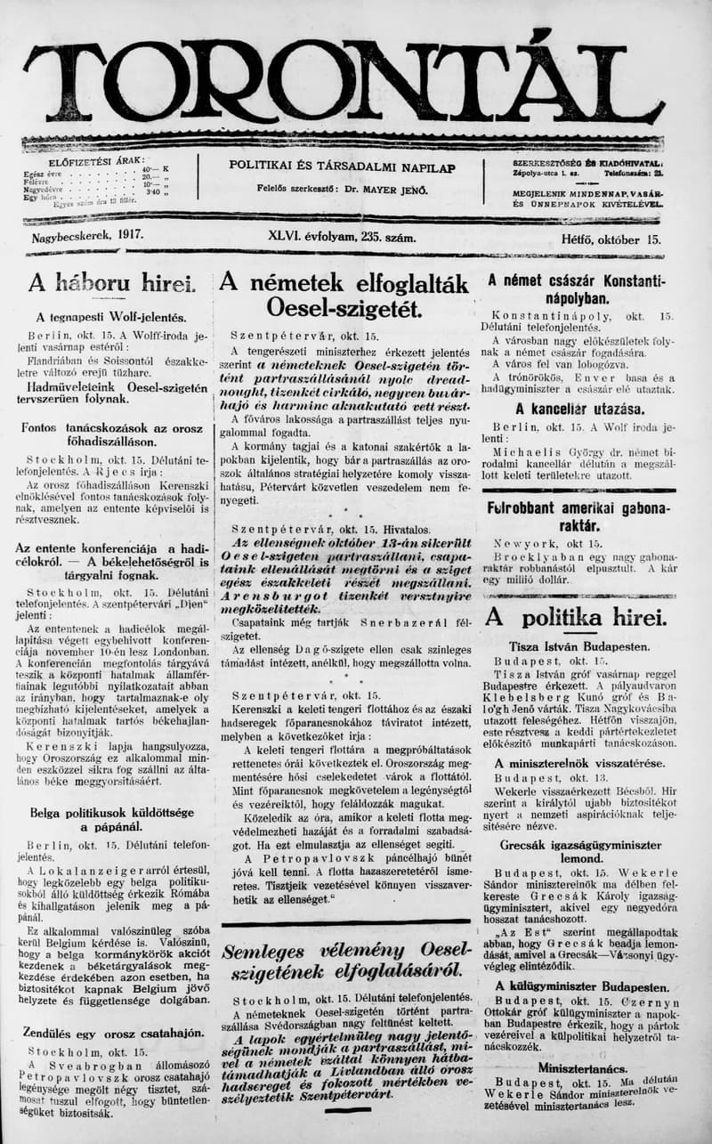 Torontál, 46. évf. 1917. október 15. 235. sz.
