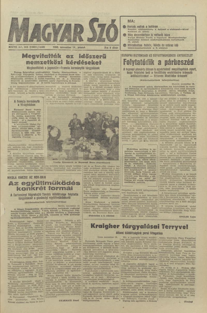 Magyar Szó, 37. évf. 1980. november 14. 315. sz. 1–20. oldal