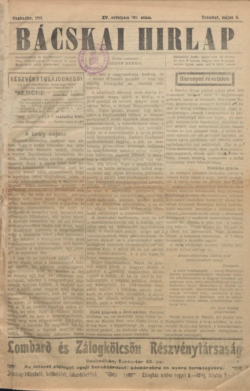 Bácskai Hirlap, 15. évf. 1911. május 6. 102. sz.