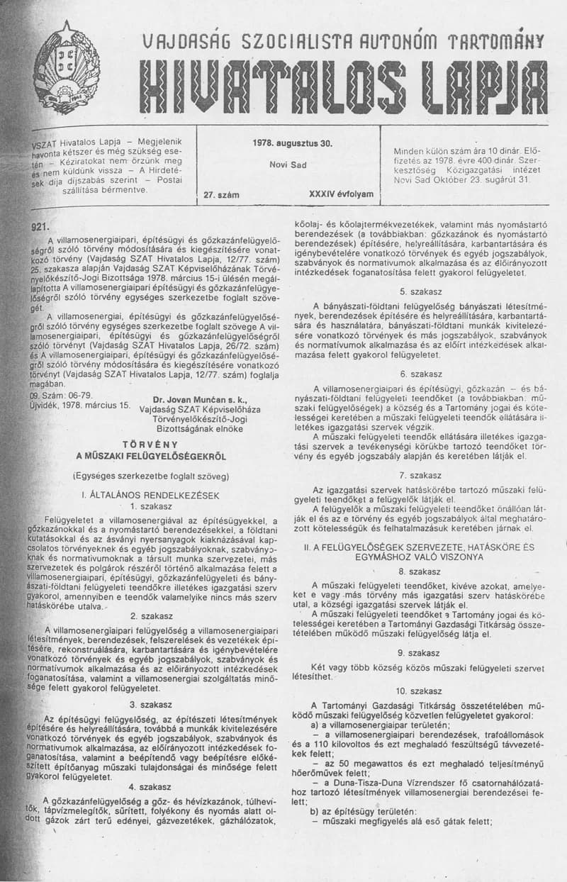 Vajdaság Szocialista Autonóm Tartomány Hivatalos Lapja, 34. évf. 1978. augusztus 30. 27. sz. 1158–1172. oldal