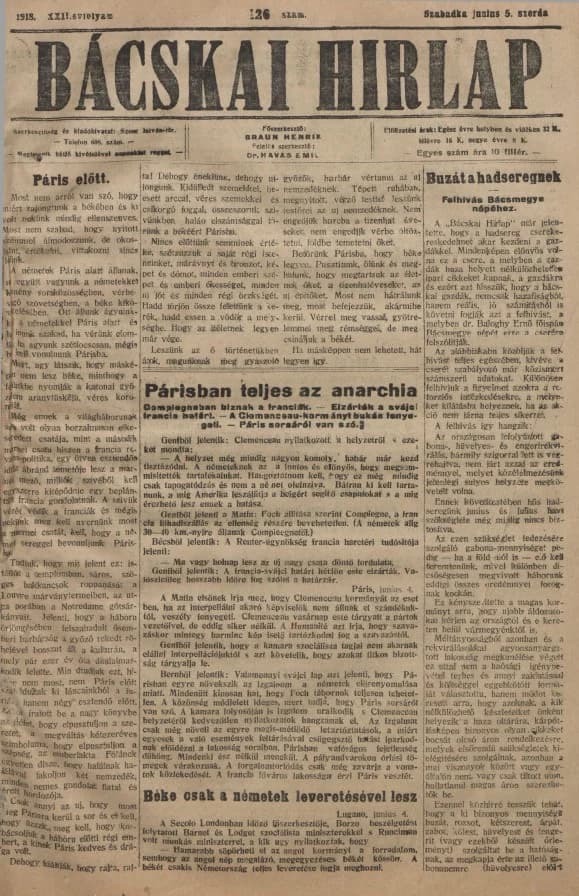 Bácskai Hirlap, 22. évf. 1918. június 5. 126. sz.