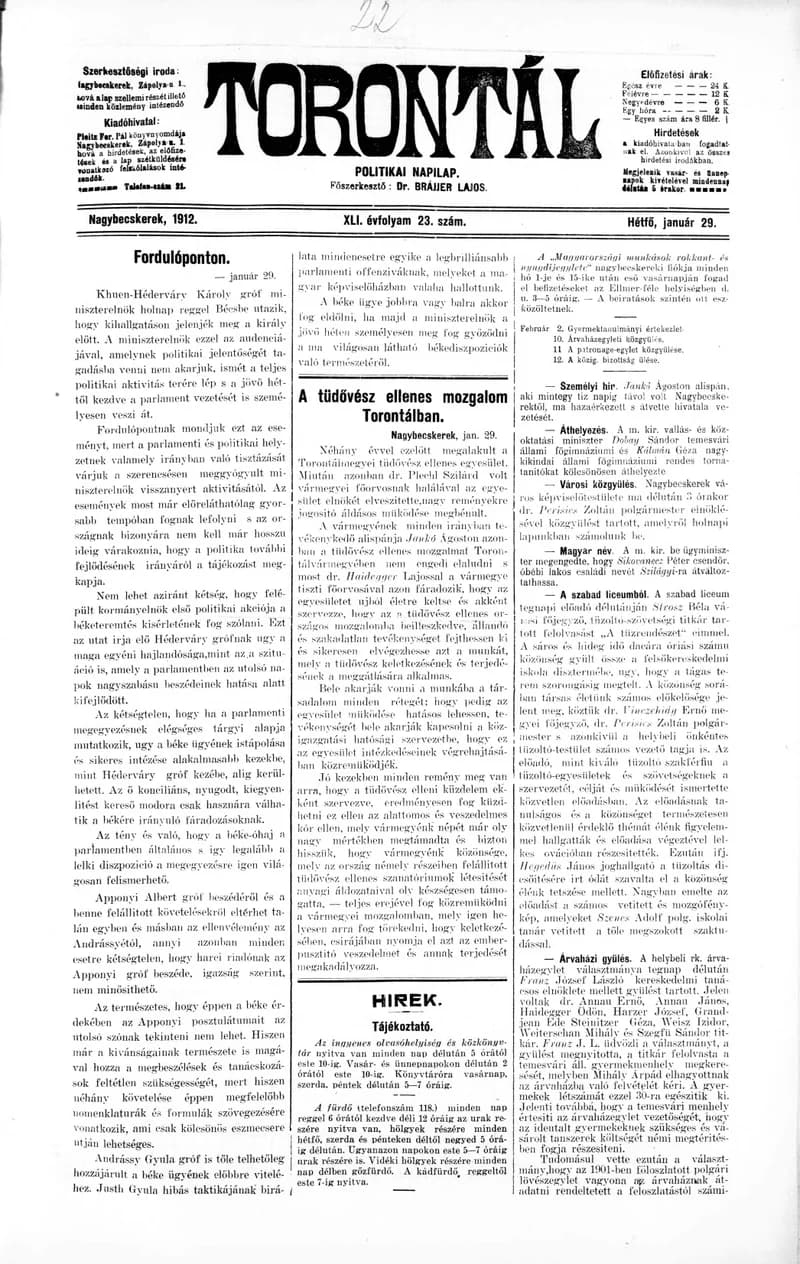Torontál, 41. évf. 1912. január 29. 23. sz.