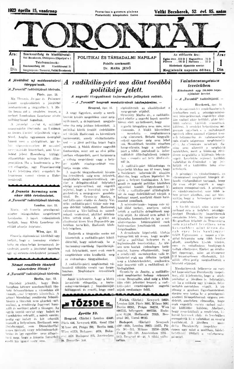 Torontál, 52. évf. 1923. április 15. 85. sz.