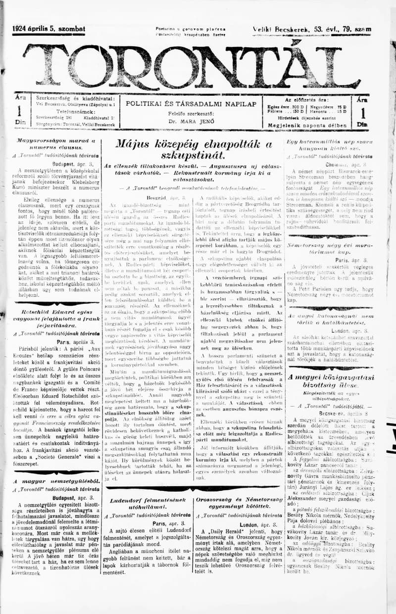 Torontál, 53. évf. 1924. április 5. 79. sz.