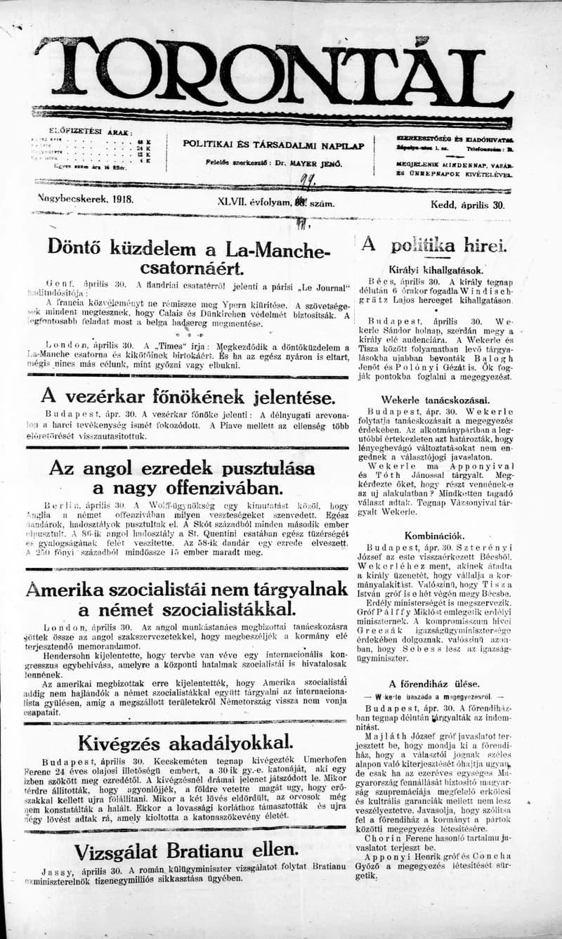 Torontál, 47. évf. 1918. április 30. 99. sz.