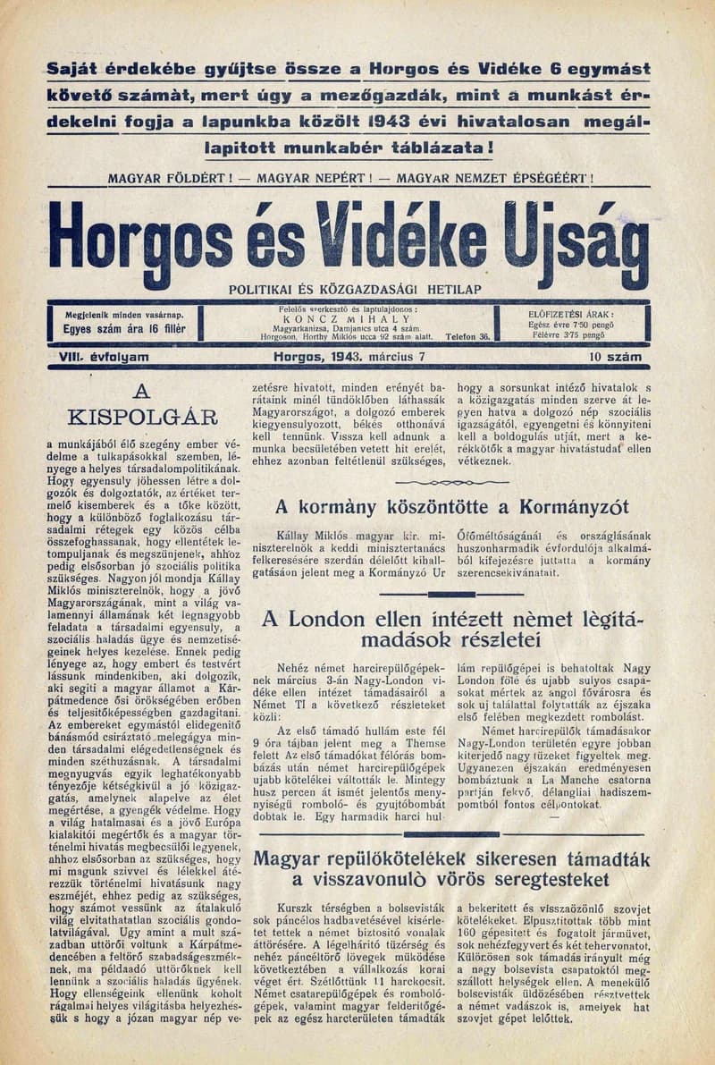Horgos és vidéke, 8. évf. 1943. március 7. 10. sz.