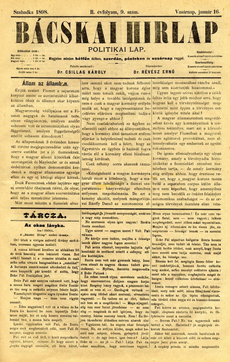 Bácskai Hirlap, 2. évf. 1898. január 16. 9. sz. 1–4. oldal