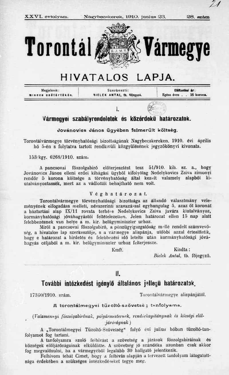 Torontál Vármegye Hivatalos Lapja, 26. évf. 1910. június 23. 28. sz.