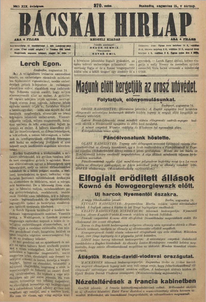 Bácskai Hirlap, 19. évf. 1915. augusztus 15. 370. sz.