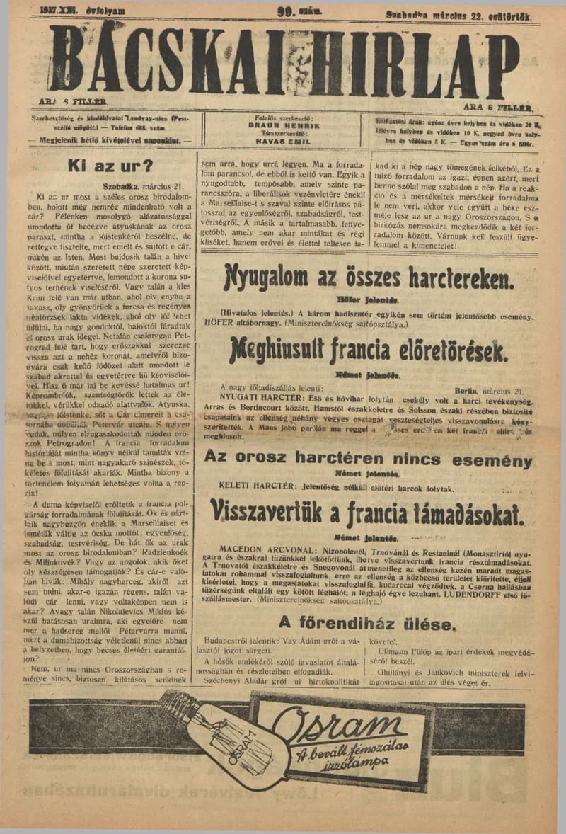 Bácskai Hirlap, 21. évf. 1917. március 22. 99. sz.