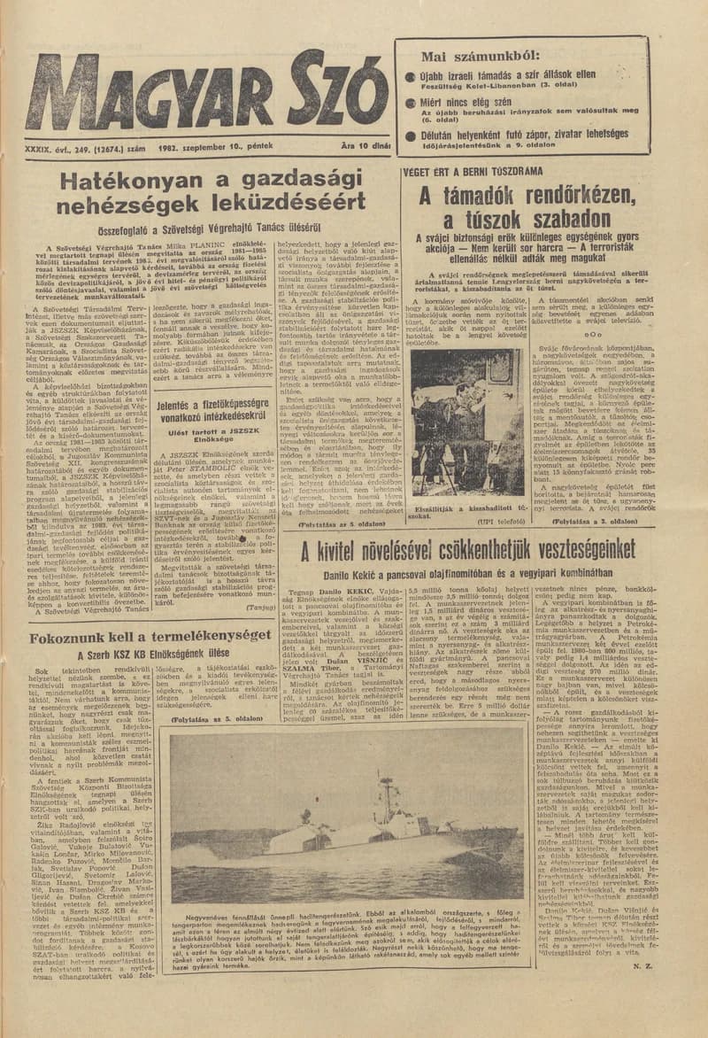 Magyar Szó, 39. évf. 1982. szeptember 10. 249. sz. 1–20. oldal